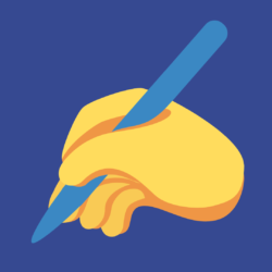 Illustration of a yellow hand writing with a blue pen in front of a purple background.