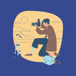 Illustration of a woman taking using a camera next to a tripod.