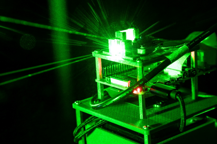 Photograph of an optics experimental setup.