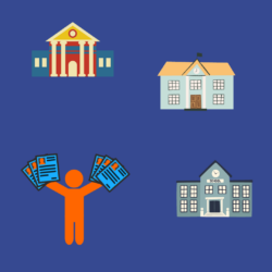 Icons of a person holding applications and three school buildings.