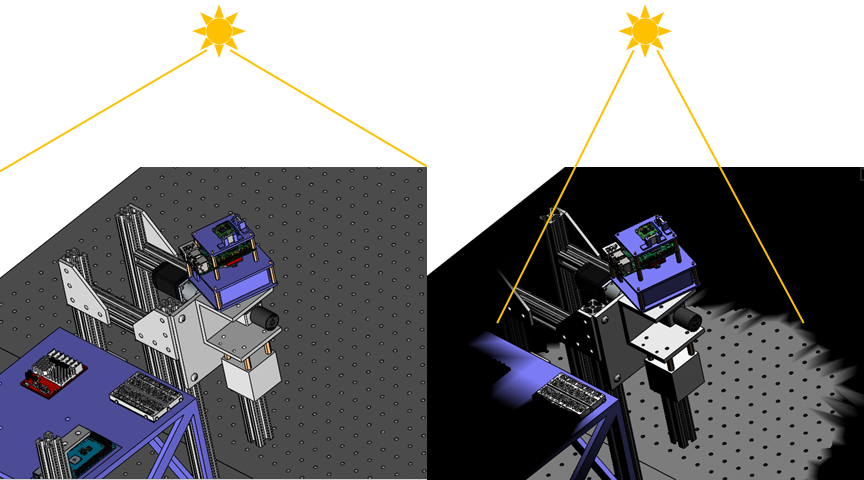 CAD assembly diagrams of the same laboratory hardware setup with two different light source shape profiles.