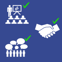 Icons of people at a presentation, a handshake, and a group of people with speech bubbles. Each icon has a green checkmark next to it.