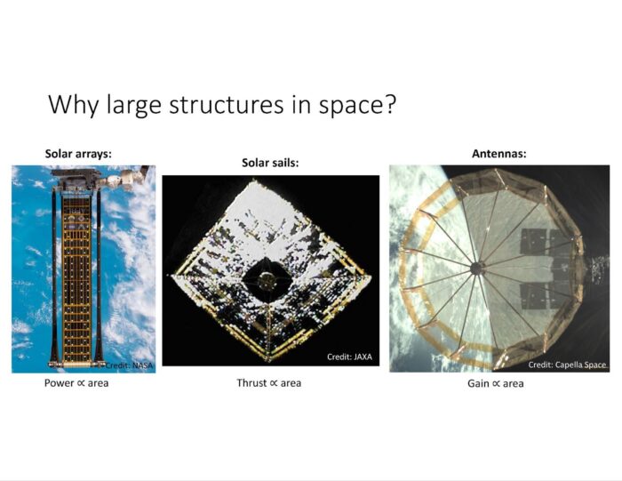 Slide with three large images of a solar array, solar sail, and antenna.