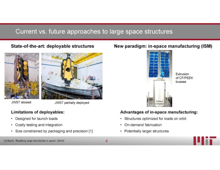 Slide with a side-by-side comparison of deployable structures and in-space manufacturing, with images of the James Webb Space Telescope and a robotic truss builder.