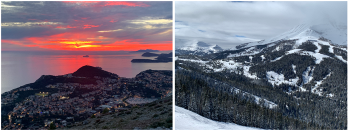 Two photographs showing a sunset over islands and snow-covered mountains.