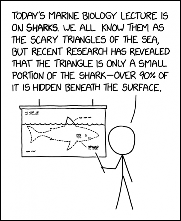 A stick figure giving a presentation showing only the shark's fin is above water, with a joke comparing sharks to icebergs.