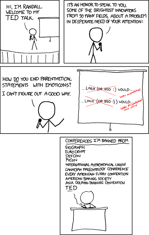 A comic of a stick figure named Randall giving a TED Talk. He presents the issue of how to end parenthetical statements with emoticons, showing examples like “Linux (or BSD :) ) would…” which are marked as "mismatched" and "weird." The final panel lists conferences he is now banned from, including TED, SIGGRAPH, PyCon, DefCon, and even the American Baking Society.