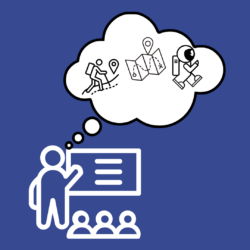 Cartoon of a person presenting to an audience. A thought bubble above their head shows a hiker, map with a wavy path, and an astronaut.