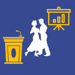 Silhouette of a couple dancing next to a podium and projector screen with a bar graph on it.