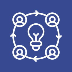 Icon of four people in a circle with arrows connecting them together. A lightbulb is in the center of the circle.