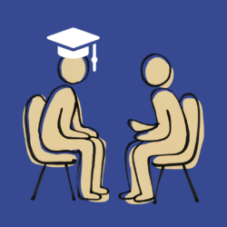 Two people sitting in chairs facing each other in conversation. One has a graduation hat.