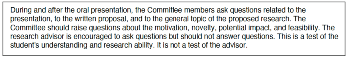 Instructions from the CEE PhD Program Guide on asking and answering questions during the oral presentation.