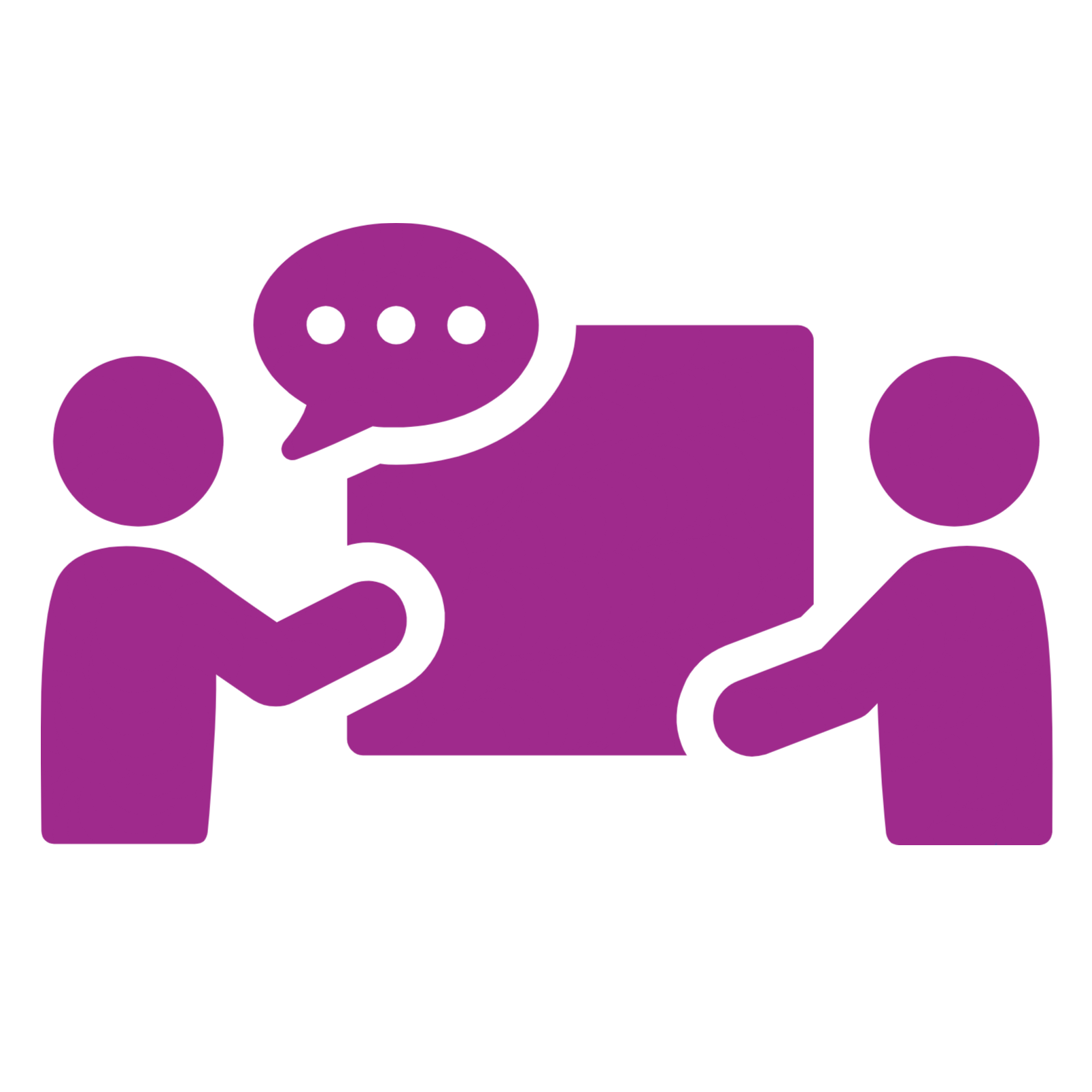 Two figures chatting over a document.
